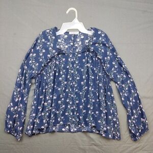 Culture Call Blouse‎ Womens Free Size Navy Blue Floral Boho Ric-Rac V-Neck Rayon